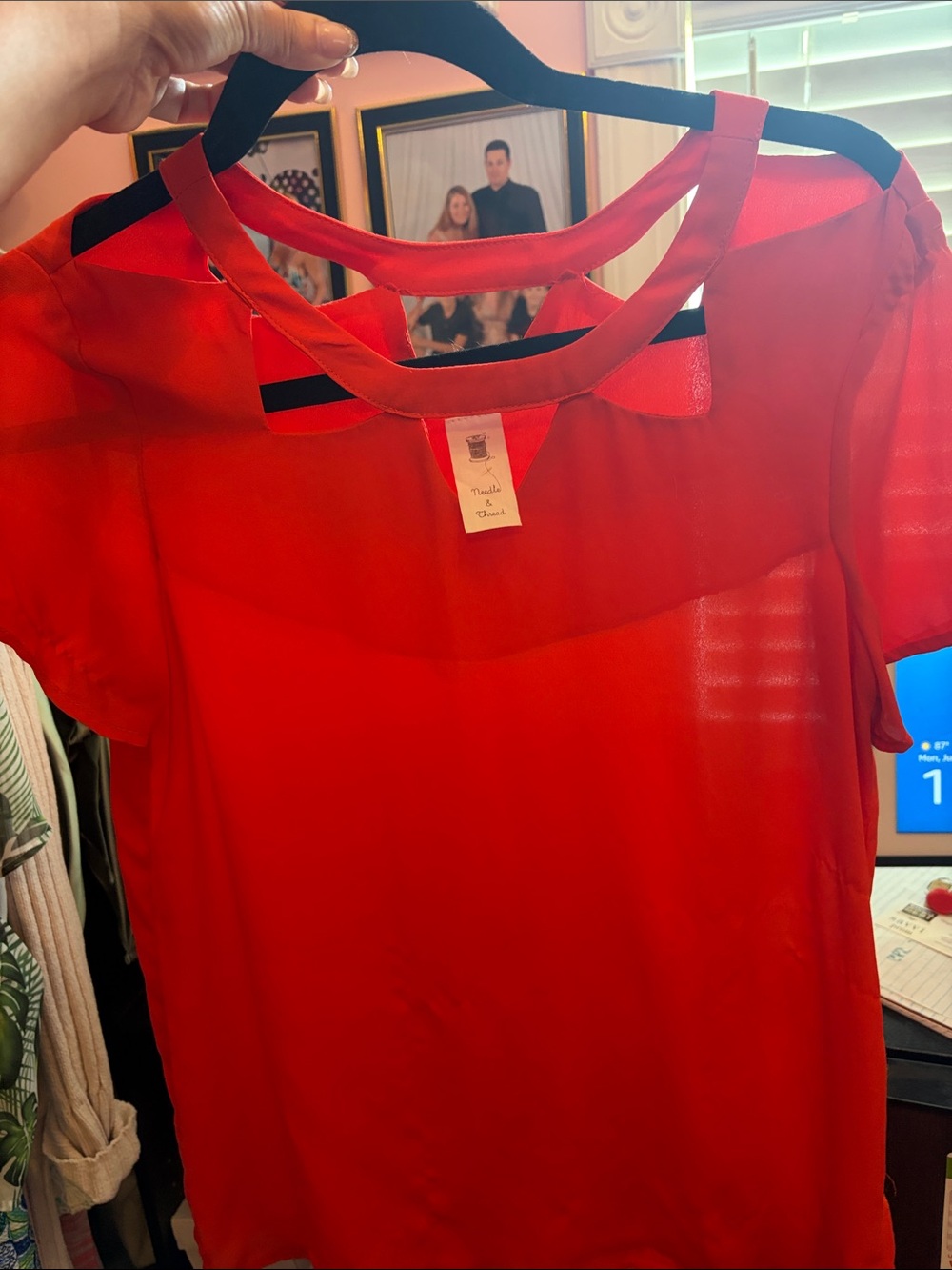Needle & Thread Red Short Sleeve Cutout Neck Blouse